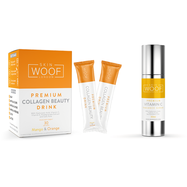 SKIN WOOF COLLAGEN BEAUTY DRINK 30 SACHETS (MANGO & ORANGE) + SKIN WOOF VITAMIN C RADIANCE SERUM