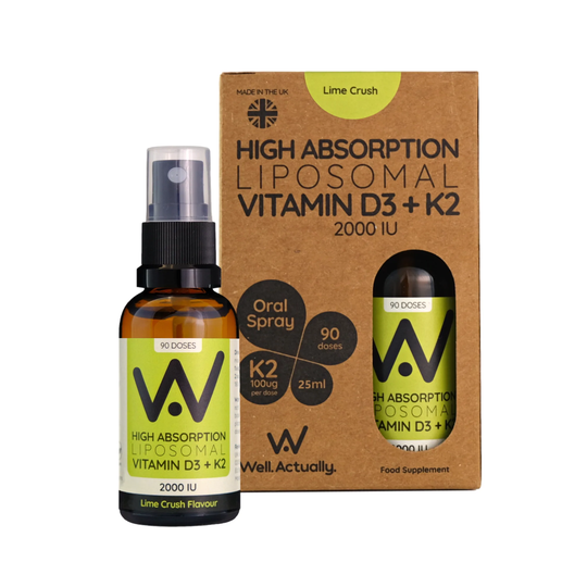 Well Actually Liposomal Vitamin D3 (2000IU's) + K2 (100mcg) Spray- Lime Crush, 25ml