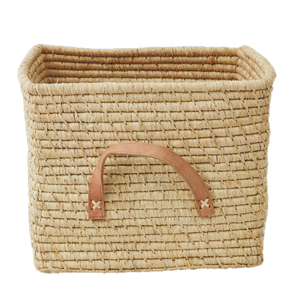 Rice - Small Square Raffia Basket with Leather Handles - Natural