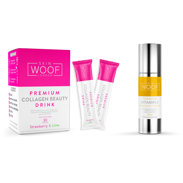 SKIN WOOF COLLAGEN BEAUTY DRINK 30 SACHETS (STRAWBERRY & LIME) + SKIN WOOF VITAMIN C RADIANCE SERUM
